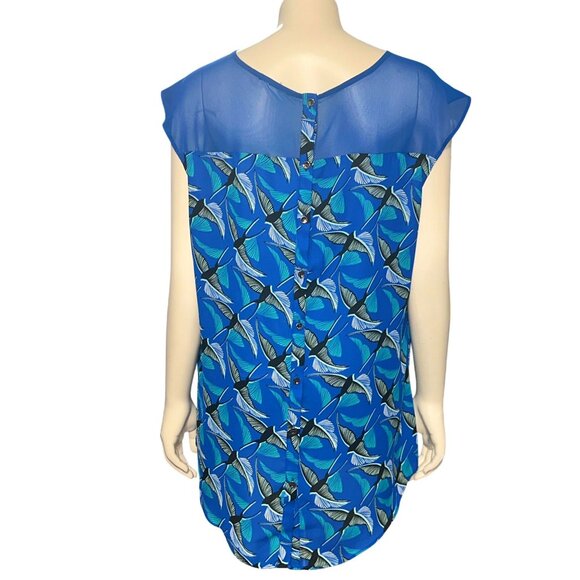 CCC Retro Blue Bird Print Blouse Mesh Cap Sleeve Mod Top Artsy Vintage Style Med - Picture 4 of 10